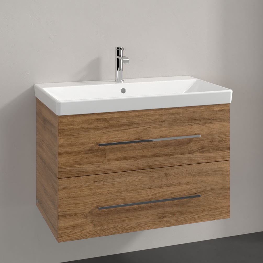 Lifestyle image of Villeroy & Boch Avento Kansas Oak 800mm Wall-Hung Basin Vanity Unit